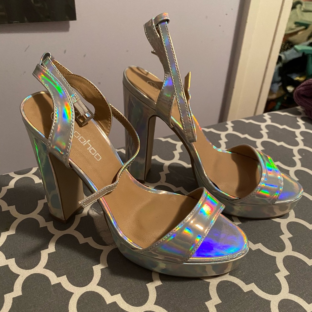 Boohoo silver/holographic Platform Heels - Size 7